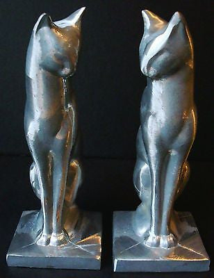 Frankart Sitting Cat Bookends, Art Deco Moderne  Unfinished Aluminum a pair USA