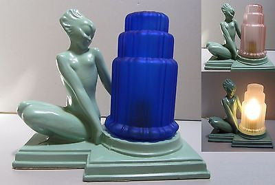 Frankart Art Deco Fish Face Nymph Table Lamp USA - A Greenie Metal and glass USA
