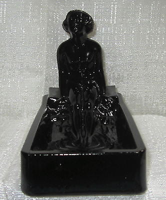 Art Deco nymph card desk tray ashtray soap dish in black amethyst all glass USA