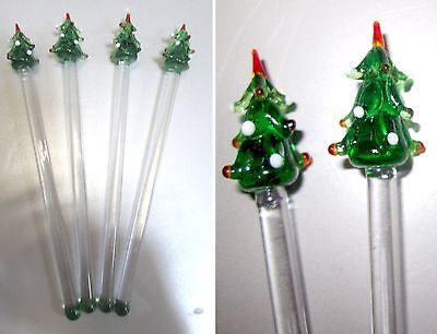 (4 PCs) Original ChristmasTree Glass Swizzle Sticks Cocktail Stirrers Drink stIX