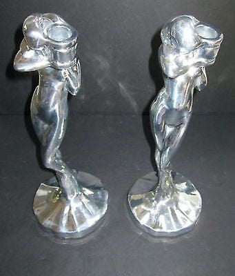 FRANKART Nymphs Art Deco standing nude Candlesticks Polished ALUMINUM - a paIR