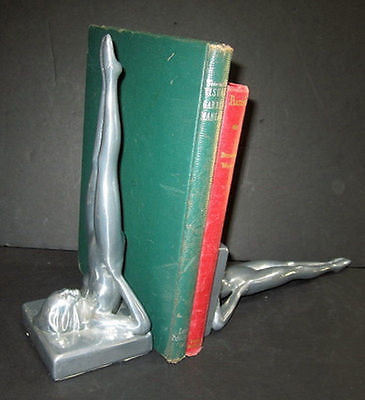 Frankart Standing Nymphs Bookends Art Deco Polished Aluminum 9" Tall a pair USA