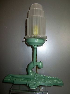 Frankart style "NuArt" Art Deco Lamp Nymph Doing a Split in Green Glass+ metal