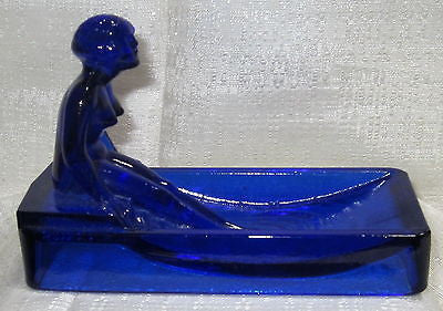 Art Deco nymph card desk tray ashtray soap dish in cobalt blue all glass USA