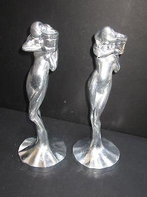 FRANKART Nymphs Art Deco standing nude Candlesticks Unfinished Aluminum Pair USA