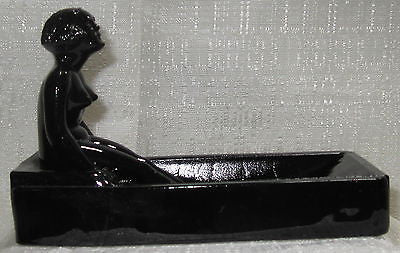 Art Deco nymph card desk tray ashtray soap dish in black amethyst all glass USA
