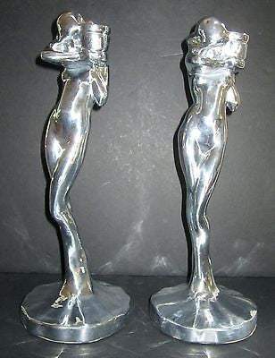 FRANKART Nymphs Art Deco standing nude Candlesticks Polished ALUMINUM - a paIR