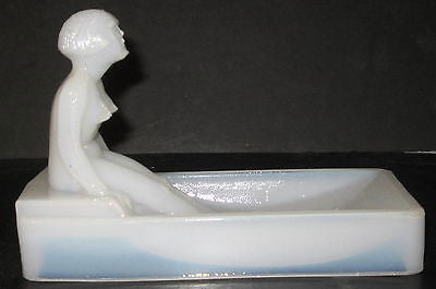 Art Deco nymph card desk tray ashtray soapdish in opal white all glass USA