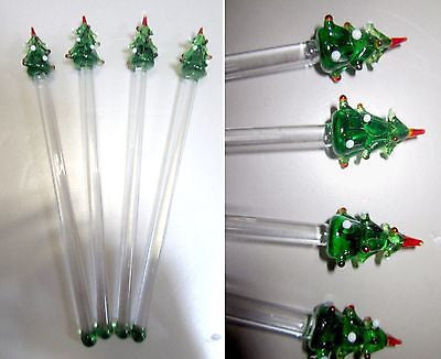 (4 PCs) Original ChristmasTree Glass Swizzle Sticks Cocktail Stirrers Drink stIX