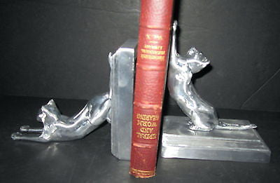 Frankart Style Cats Up + Down Bookends Art Deco Moderne aluminum castiings pair