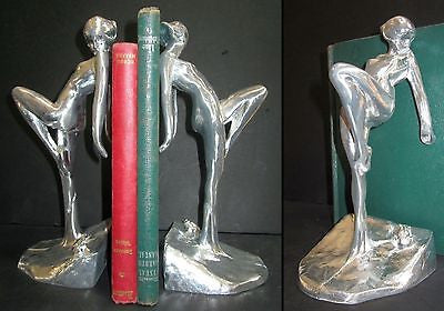 Frankart Nymph with Frog Bookends Art Deco in unfinshed aluminum 10" Tall a pair
