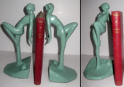 FrankArt Nymph with Frog Bookends, Art Deco in Green 10" Tall- metal, a paIR
