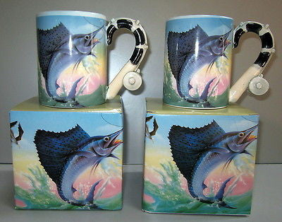 Sailfish BillFish Marlin  Rod and Reel Coffee Mug Cup c1991 Ceramic