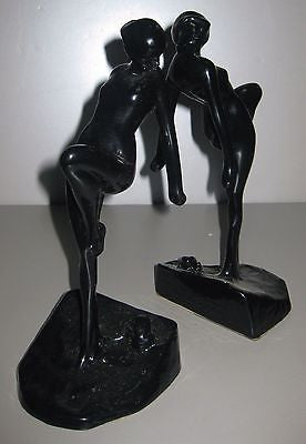 Frankart Nymph with Frog Bookends, Art Deco in Black,10" Tall- metal, a paIR