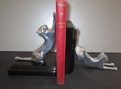 Frankart Style Cats Up + Down Bookends, Art Deco - Moderne in Black+Alum a Pair