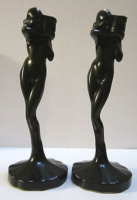 Frankart Nymphs Art Deco Standing Nude Candlesticks Black metal a Pair USA