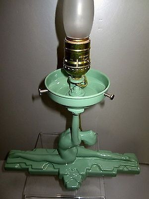 Frankart style "NuArt" Art Deco Lamp Nymph Doing a Split in Green Glass+ metal