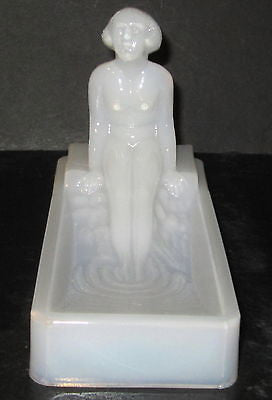 Art Deco nymph card desk tray ashtray soapdish in opal white all glass USA