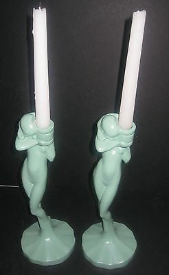 Frankart Nymphs Art Deco standing nude Candlesticks Greenie  Alumininum,a paIR
