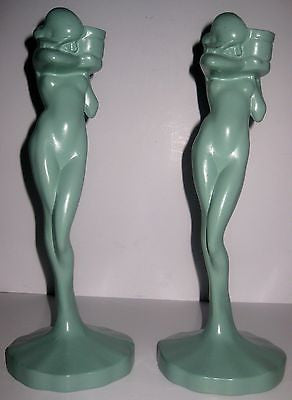 Frankart Nymphs Art Deco standing nude Candlesticks Greenie  Alumininum,a paIR
