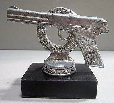 Pistol Gun" Trophy" all Aluminum on Marble, 4-1/2" Long, old/vintage, MarksmAN