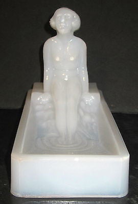 Art Deco nymph card desk tray ashtray soapdish in opal white all glass USA