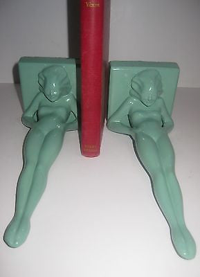Frankart Standing Nymphs Bookends, Art Deco in Green,metal, 9-1/4" Tall a paIR