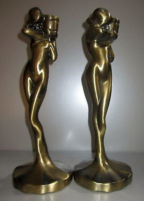 FRANKART NYMPHS Standing Candlesticks Art Deco Antique Brass A Pair USA