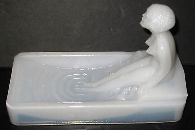 Art Deco nymph card desk tray ashtray soapdish in opal white all glass USA