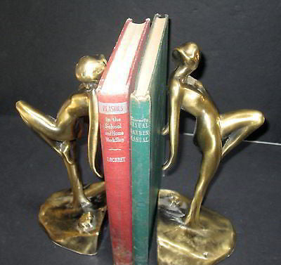 Frankart Nymph with Frog Bookends Art Deco in Brass 10" Tall metal a pair USA