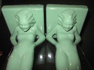 Frankart Standing Nymphs Bookends, Art Deco in Green,metal, 9-1/4" Tall a paIR