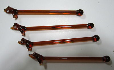 (4 PCs) Dachshund Dog Lead Crystal Glass Cocktail Sticks Stix Drink Stirrers