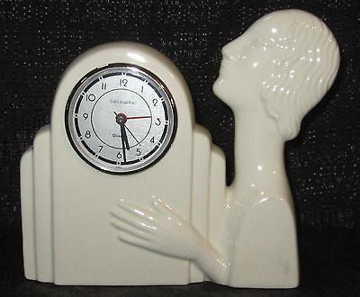 Nymph Art Deco White Ceramic Alarm Quartz Clock  Old -Japanese