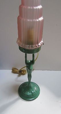 Frankart Art Deco Standing Lamp Up Stretched Arms Greenie all metal and Glass