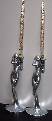 FRANKART Nymphs Art Deco standing nude Candlesticks Unfinished Aluminum Pair USA