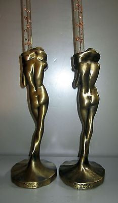 FRANKART NYMPHS Standing Candlesticks Art Deco Antique Brass A Pair USA