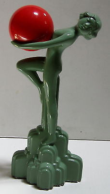 Frankart Style Art Deco Nymph Green Figurine with an Orange Bakelite Ball USA