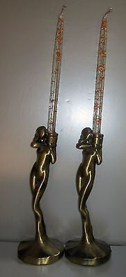 FRANKART NYMPHS Standing Candlesticks Art Deco Antique Brass A Pair USA
