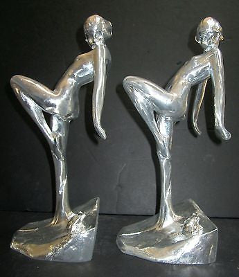 Frankart Nymph with Frog Bookends Art Deco in unfinshed aluminum 10" Tall a pair