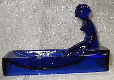 Art Deco nymph card desk tray ashtray soap dish in cobalt blue all glass USA
