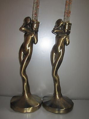 FRANKART NYMPHS Standing Candlesticks Art Deco Antique Brass A Pair USA