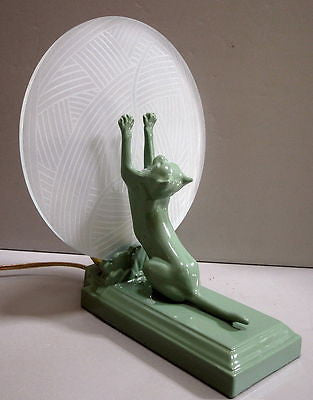 FRANKART Style Art Deco CAT KITTEN Lamp USA Greenie Finish metal and glaSS