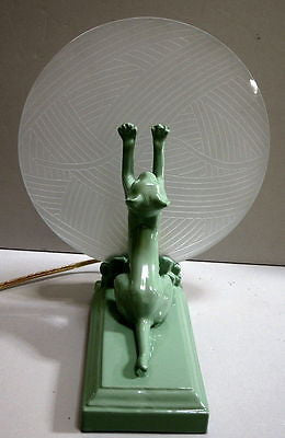 FRANKART style Art Deco cat kittenLamp USA greenie finish metal and glass USA