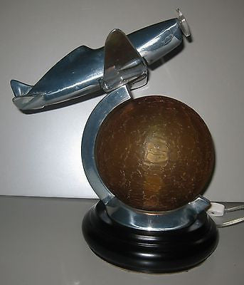 WWII Style Fighter Airplane Art Deco Lamp with a Crackled Glass Globe- Aluminum