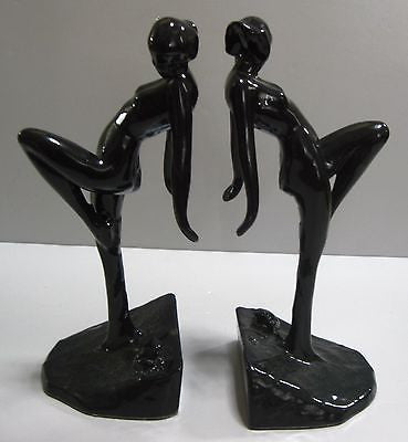 Frankart Nymph with Frog Bookends, Art Deco in Black,10" Tall- metal, a paIR