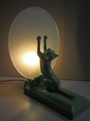 FRANKART Style Art Deco CAT KITTEN Lamp USA Greenie Finish metal and glaSS
