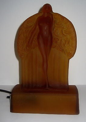 Frankart Sally Rand Nude Feather Nymph Frosted Amber Glass Art Deco laMP