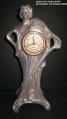Art Nouveau Huge Nymph Deco Mantle Clock Case vintage all Aluminum No movement