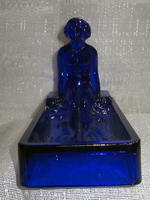 Art Deco nymph card desk tray ashtray soap dish in cobalt blue all glass USA