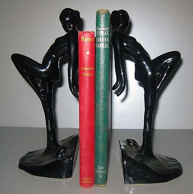 Frankart Nymph with Frog Bookends, Art Deco in Black,10" Tall- metal, a paIR